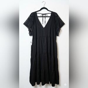 Black Boho Tiered Swing Dress Flutter Sleeve V Neck Tie Back Loose Fit 4x